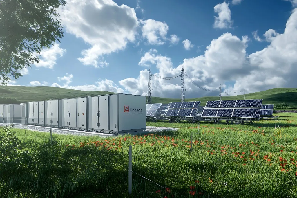Instalacja fotowoltaiczna połączona z kontenerowym magazynem energii na tle zielonego krajobrazu